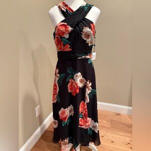 Laundry Floral Black and Red Chiffon Gown Dress Cross Halter Neck Sz 6 NWT